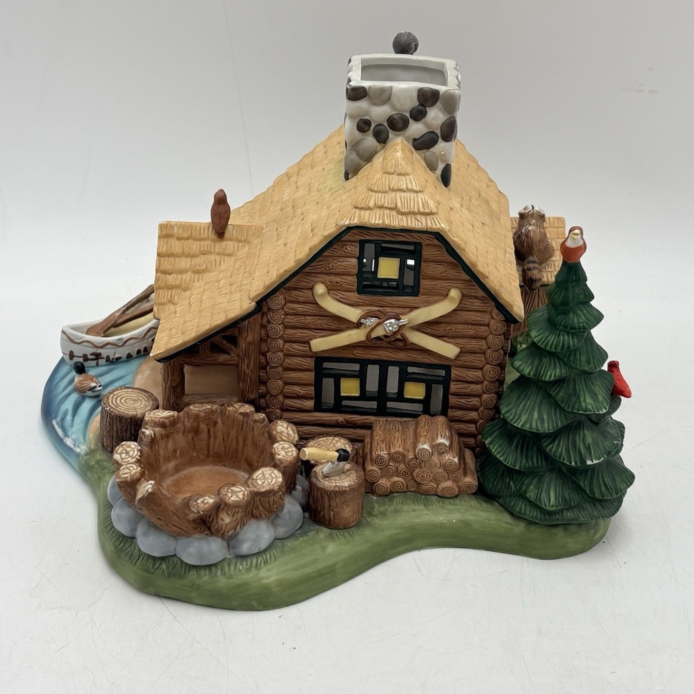 PartyLite Ceramic Gone Fishing Log Cabin Tea Light Candle Holder